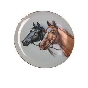Vintage Norcrest Brown Black Horses Gold Trim Pottery Plate 10” White Background